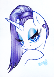 Size: 1588x2238 | Tagged: safe, artist:dubstepina, imported from derpibooru, rarity, unicorn, alternate hairstyle, beauty mark, ear piercing, earring, female, jewelry, lidded eyes, piercing, solo, traditional art