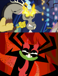 Size: 500x651 | Tagged: safe, edit, edited screencap, imported from derpibooru, screencap, discord, dungeons and discords, aku, comparison, crossover, great flaming eyebrows, samurai jack