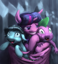 Size: 762x852 | Tagged: safe, artist:bakuel, imported from derpibooru, crystal hoof, spike, thorax, twilight sparkle, alicorn, changeling, dragon, pony, the times they are a changeling, disguise, disguised changeling, hug, laughing, not creepy, open mouth, sweat, twilight sparkle (alicorn), winghug