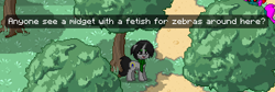 Size: 645x218 | Tagged: safe, imported from derpibooru, oc, oc only, oc:joyride, pony, unicorn, colt quest, pony town, clothes, color, cutie mark, dirt, eyeshadow, female, grass, grin, horn, makeup, mare, scarf, smiling, solo, sprite, text, tree