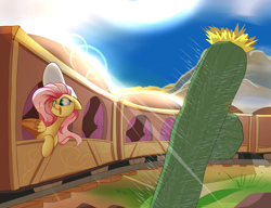 Size: 3900x3000 | Tagged: safe, artist:madacon, imported from derpibooru, fluttershy, cactus, crepuscular rays, desert, female, newbie artist training grounds, open mouth, railroad, sky, solo, sun, tracks, train, travelling