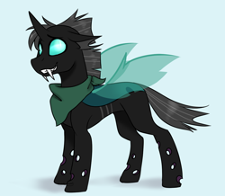 Size: 1024x892 | Tagged: safe, artist:pucykforevar, imported from derpibooru, thorax, changeling, the times they are a changeling, bandana, cute, fangs, floppy ears, grin, looking at you, male, neckerchief, simple background, smiling, solo