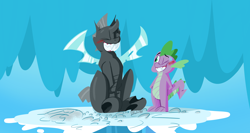 Size: 3772x2000 | Tagged: safe, artist:d-jayjesse, imported from derpibooru, spike, thorax, changeling, the times they are a changeling, blushing, grin, sitting, smiling