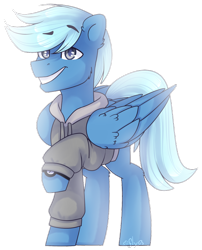 Size: 1024x1270 | Tagged: safe, artist:starlyfly, artist:starlyflygallery, imported from derpibooru, oc, oc only, pegasus, pony, clothes, grin, hoodie, jack harkness, male, smiling, solo, stallion, watch