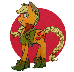 Size: 700x686 | Tagged: safe, artist:blu-red, imported from derpibooru, applejack, earth pony, pony, boots, braid, braided tail, clothes, crossed legs, cutie mark, female, hair tie, hat, simple background, smiling, solo, vest