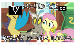 Size: 1078x639 | Tagged: safe, edit, edited screencap, imported from derpibooru, screencap, discord, fluttershy, dungeons and discords, caption, drama, image macro, meme, television logo joke, tv rating, tv-y