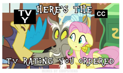 Size: 1078x639 | Tagged: safe, edit, edited screencap, imported from derpibooru, screencap, discord, fluttershy, dungeons and discords, caption, image macro, meme, television logo joke, tv-y