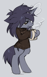 Size: 502x825 | Tagged: dead source, safe, artist:hioshiru, imported from derpibooru, oc, oc only, oc:kate, pony, unicorn, bipedal, clothes, coffee, cup, mug, solo, sweater