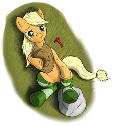 Size: 2368x2616 | Tagged: safe, artist:cluvry, imported from derpibooru, applejack, earth pony, pony, clothes, female, looking at you, loose hair, mare, on back, smiling, socks, solo, straw, striped socks