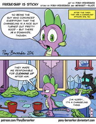 Size: 1032x1332 | Tagged: safe, artist:pony-berserker, imported from derpibooru, spike, thorax, changeling, dragon, the times they are a changeling, bed, bedroom, bucket, changeling slime, comic, dialogue, dirty, fangs, looking at you, male, mop, slime, unamused