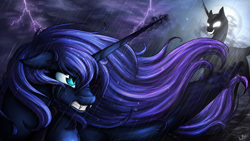 Size: 3840x2160 | Tagged: safe, artist:lupiarts, imported from derpibooru, nightmare moon, princess luna, alicorn, pony, angry, cloud, crying, duality, fangs, female, floppy ears, frown, glare, glowing eyes, grin, gritted teeth, lightning, magic, mare, moon, night, nightmare luna, nose wrinkle, rain, shadow, smiling, storm