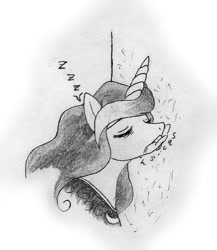 Size: 389x448 | Tagged: safe, artist:pixel-penguin-da, imported from derpibooru, princess luna, penguin, black and white, female, grayscale, insomnia, monochrome, pencil drawing, pixel pengun, sleeping, sleepy, solo, traditional art, zzz