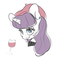 Size: 1260x1296 | Tagged: safe, artist:chef j, imported from derpibooru, rarity, alcohol, beatnik rarity, beauty mark, beret, bust, clothes, ear piercing, earring, female, hat, jewelry, piercing, portrait, simple background, solo, wine