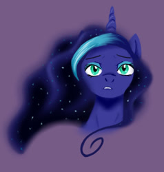 Size: 326x342 | Tagged: safe, artist:pixel-penguin-da, imported from derpibooru, princess luna, bust, colored, ethereal mane, female, galaxy mane, horn, mare, palindrome get, portrait, purple, purple background, simple background, solo