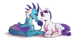 Size: 1707x902 | Tagged: dead source, safe, artist:celeriven, artist:seleniium, imported from derpibooru, princess ember, rarity, dragon, pony, bedroom eyes, emberity, eye contact, female, lesbian, looking at each other, mare, prone, shipping, simple background, smiling, white background