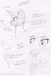 Size: 3383x5041 | Tagged: safe, artist:pixel-penguin-da, imported from derpibooru, pony, advice, bust, expression, expressions, head, how to, how to draw, monochrome, on side, perspective, profile, reference sheet, side, side view, style, suggestion, traditional art, tutorial