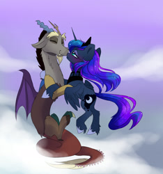 Size: 2469x2640 | Tagged: safe, artist:elementalokami, imported from derpibooru, discord, princess luna, blushing, cloud, lunacord, male, shipping, straight