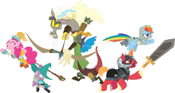 Size: 5647x3000 | Tagged: safe, artist:jeatz-axl, imported from derpibooru, big macintosh, discord, pinkie pie, rainbow dash, spike, draconequus, dragon, pegasus, pony, unicorn, dungeons and discords, absurd resolution, arrow, bard, bard pie, bow (weapon), bow and arrow, captain wuzz, dungeons and dragons, fantasy class, female, garbuncle, helmet, horned helmet, magic, male, mare, ogres and oubliettes, parsnip, race swap, rainbow rogue, rogue, roleplaying, simple background, sir mcbiggen, staff, stallion, sword, transparent background, unicorn big mac, vector, weapon