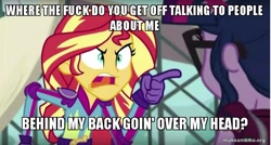 Size: 800x429 | Tagged: safe, edit, edited screencap, imported from derpibooru, screencap, sci-twi, sunset shimmer, twilight sparkle, equestria girls, friendship games, caption, casino (movie), image macro, meme, pointing, sunset yells at twilight, vulgar