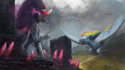 Size: 1500x844 | Tagged: safe, artist:blindcoyote, imported from derpibooru, king sombra, rainbow dash, cape, clothes, flying, open mouth, versus