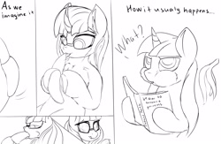 Size: 4000x2600 | Tagged: safe, artist:chapaevv, imported from derpibooru, moondancer, twilight sparkle, comic:banana time, banana, food, glasses, monochrome