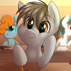 Size: 4000x4000 | Tagged: safe, artist:sugaryviolet, imported from derpibooru, oc, oc only, oc:ginger tea, oc:winter unique, pegasus, pony, bored, colt, foal, male, pencil, school