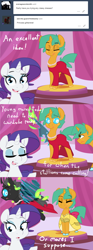 Size: 1280x3429 | Tagged: safe, artist:kryptchild, imported from derpibooru, rarity, snails, oc, oc:doppel, changeling, pony, ask glitter shell, comic:when aero met glitter, angry, ask, clothes, comic, crossdressing, dress, eyes closed, glitter shell, jewelry, looking at you, my little changeling, necklace, pearl, pearl necklace, red dress, run away, shoes, tail bow, tumblr