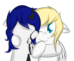 Size: 1280x1059 | Tagged: safe, artist:nevaylin, imported from derpibooru, oc, oc only, oc:softshell, oc:whiteout, hybrid, pegasus, pony, changeling pony mule, colored pupils, female, hug, kissing, lesbian, love, mare, oc x oc, shipping