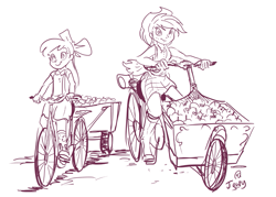 Size: 1085x779 | Tagged: safe, artist:jowyb, artist:jowybean, imported from derpibooru, apple bloom, applejack, equestria girls, bicycle, humanized, monochrome