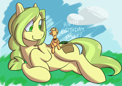 Size: 2000x1400 | Tagged: safe, artist:goat train, imported from derpibooru, oc, oc only, oc:paige, oc:sequoia, birthday, birthday cake, cake, food, growth, macro, size difference, smiling