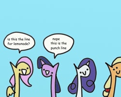 Size: 1000x800 | Tagged: safe, artist:wollap, imported from derpibooru, applejack, fluttershy, rarity, twilight sparkle, earth pony, pegasus, pony, unicorn, dialogue, female, mare, pun, simple, simple background, smiling