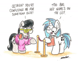 Size: 1819x1423 | Tagged: safe, artist:bobthedalek, imported from derpibooru, dj pon-3, octavia melody, vinyl scratch, earth pony, pony, unicorn, clipboard, clothes, disguise, ear plugs, headphones, hoodie, seems legit, traditional art