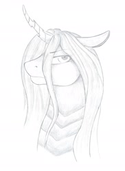 Size: 1700x2339 | Tagged: safe, artist:gearrot, derpibooru exclusive, imported from derpibooru, queen chrysalis, changeling, changeling queen, bust, female, floppy ears, grayscale, hair over one eye, monochrome, portrait, simple background, solo, traditional art, unamused