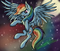 Size: 961x831 | Tagged: safe, artist:hahvulon, imported from derpibooru, rainbow dash, female, flying, moon, signature, sky, solo, stars