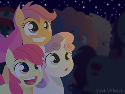 Size: 4000x3000 | Tagged: safe, artist:treblesketchofficial, imported from derpibooru, apple bloom, scootaloo, sweetie belle, cutie mark crusaders, open mouth, smiling