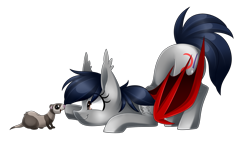 Size: 2846x1642 | Tagged: safe, artist:scarlet-spectrum, imported from derpibooru, oc, oc only, oc:scarlet spectrum, bat pony, ferret, pony, boop, cute, simple background, solo, tattoo, transparent background