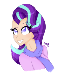 Size: 896x1087 | Tagged: dead source, safe, artist:ultrard, imported from derpibooru, starlight glimmer, human, clothes, colored pupils, cute, female, humanized, scarf, signature, solo