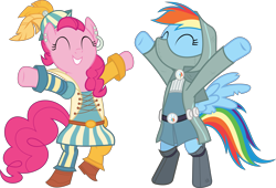 Size: 12645x8583 | Tagged: safe, artist:pink1ejack, imported from derpibooru, pinkie pie, rainbow dash, pony, dungeons and discords, absurd resolution, bard, bard pie, bipedal, clothes, duo, eyes closed, fantasy class, happy, rainbow rogue, rogue, roleplaying, simple background, transparent background, vector