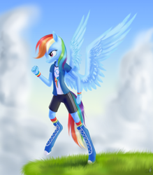 Size: 1024x1170 | Tagged: safe, artist:draknairy, imported from derpibooru, rainbow dash, anthro, unguligrade anthro, boots, clothes, cute, equestria girls outfit, female, grass, shorts, solo, wings