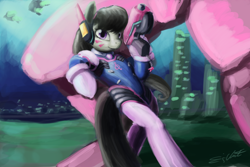 Size: 1024x683 | Tagged: safe, artist:eddywardster, imported from derpibooru, octavia melody, pony, bipedal, crossover, d.va, female, gun, handgun, looking at you, mech, overwatch, pistol, solo, whisker markings