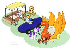 Size: 1043x720 | Tagged: safe, artist:haretrinity, imported from derpibooru, apple bloom, applejack, rainbow dash, rarity, scootaloo, sweetie belle, the cart before the ponies, cutie mark crusaders