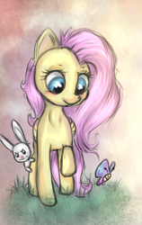 Size: 1200x1900 | Tagged: safe, artist:izudraws, imported from derpibooru, angel bunny, fluttershy, butterfly, looking at something, raised hoof