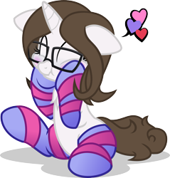 Size: 1534x1602 | Tagged: safe, artist:nxzc88, imported from derpibooru, oc, oc only, oc:pyrisa miracles, pony, unicorn, blushing, chest fluff, clothes, cute, eyes closed, glasses, heart, scrunchy face, simple background, sitting, socks, solo, squishy cheeks, striped socks, transparent background