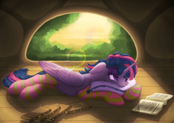 Size: 1024x724 | Tagged: safe, artist:crystallinepone, imported from derpibooru, twilight sparkle, alicorn, pony, book, clothes, female, floppy ears, lens flare, messy mane, morning ponies, pillow, prone, socks, solo, striped socks, sunrise, tree, twilight sparkle (alicorn)