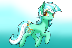 Size: 960x640 | Tagged: safe, artist:crystallinepone, imported from derpibooru, lyra heartstrings, bracelet, female, gradient background, hairpin, jewelry, smiling, solo, trotting