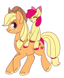 Size: 544x659 | Tagged: safe, artist:lulubell, imported from derpibooru, apple bloom, applejack, adorabloom, apple bloom riding applejack, cute, eyes closed, open mouth, ponies riding ponies, riding, simple background, sisters, transparent background, younger