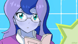 Size: 1280x720 | Tagged: safe, artist:leone di cielo, imported from derpibooru, princess luna, equestria girls, friendship games, rainbow rocks, book, canterlot high, glasses, love, magic, reading, shocked, smiling, vice principal luna