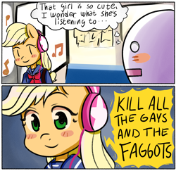 Size: 2000x1940 | Tagged: safe, artist:coinpo, imported from derpibooru, applejack, anthro, anime, bigotjack, bigotry, blushing, clothes, comic, headphones, headset, homophobia, meme, mike david, music, music notes, open mouth, postitsketchdump, red bar radio, sailor uniform, school uniform, slur, thought bubble, vulgar