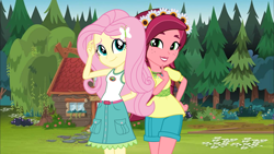 Size: 1280x720 | Tagged: safe, artist:imperfectxiii, artist:themexicanpunisher, imported from derpibooru, fluttershy, gloriosa daisy, equestria girls, legend of everfree, camp everfree, camp everfree logo, camp everfree outfits, clothes, daisyshy, denim skirt, female, geode of fauna, geode of shielding, geode of super speed, lesbian, magical geodes, pockets, shipping, shorts, skirt, sleeveless, tanktop