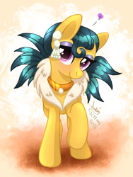 Size: 900x1200 | Tagged: safe, artist:joakaha, imported from derpibooru, cleopatra jazz, earth pony, pony, dungeons and discords, blushing, heart, looking at you, raised hoof, signature, solo